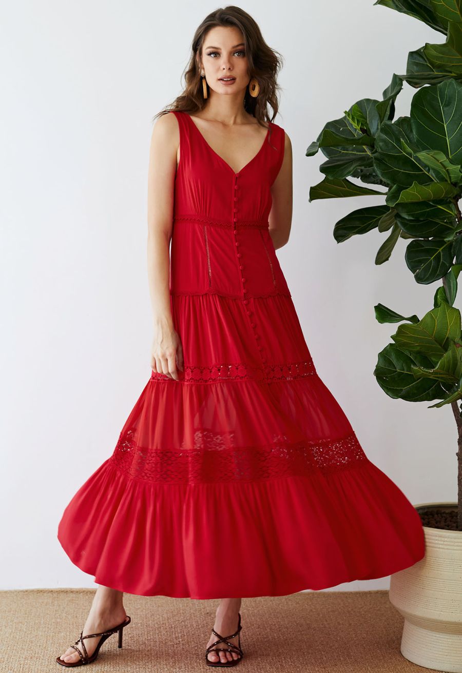 Crochet Trims Panelled Button Down Sleeveless Maxi Dress in Red