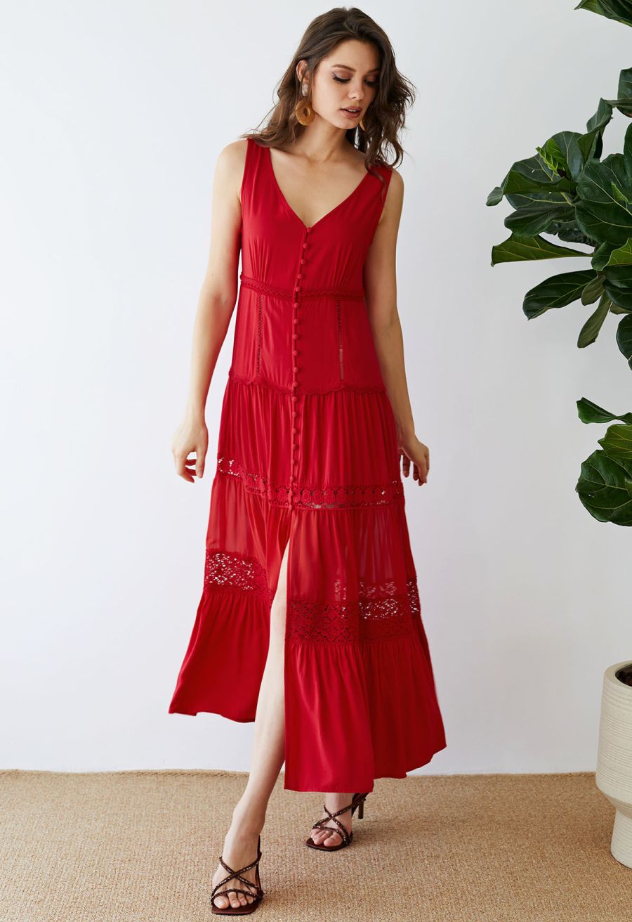 Crochet Trims Panelled Button Down Sleeveless Maxi Dress in Red