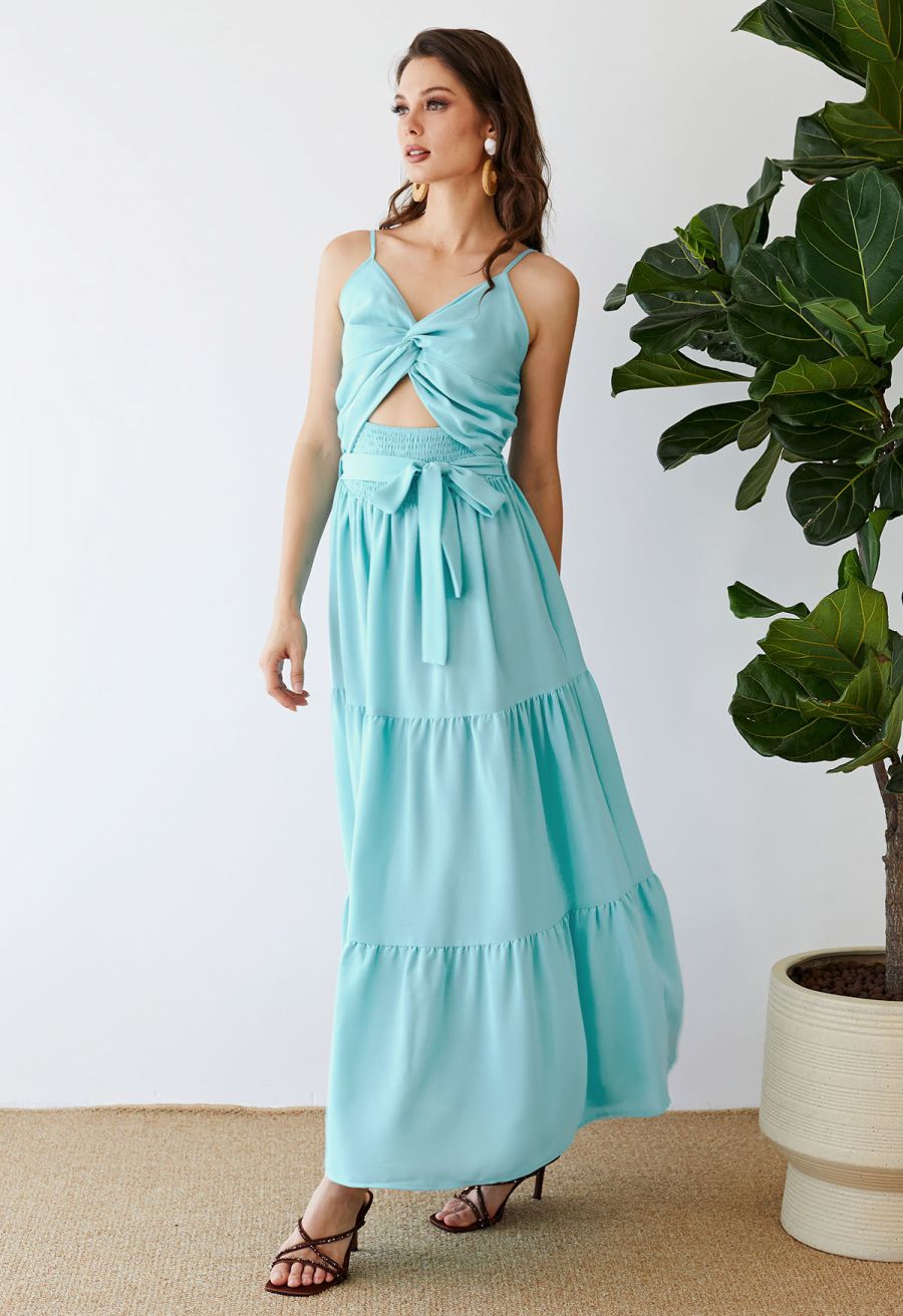 Twist Cutout Shirred Cami Maxi Dress in Mint
