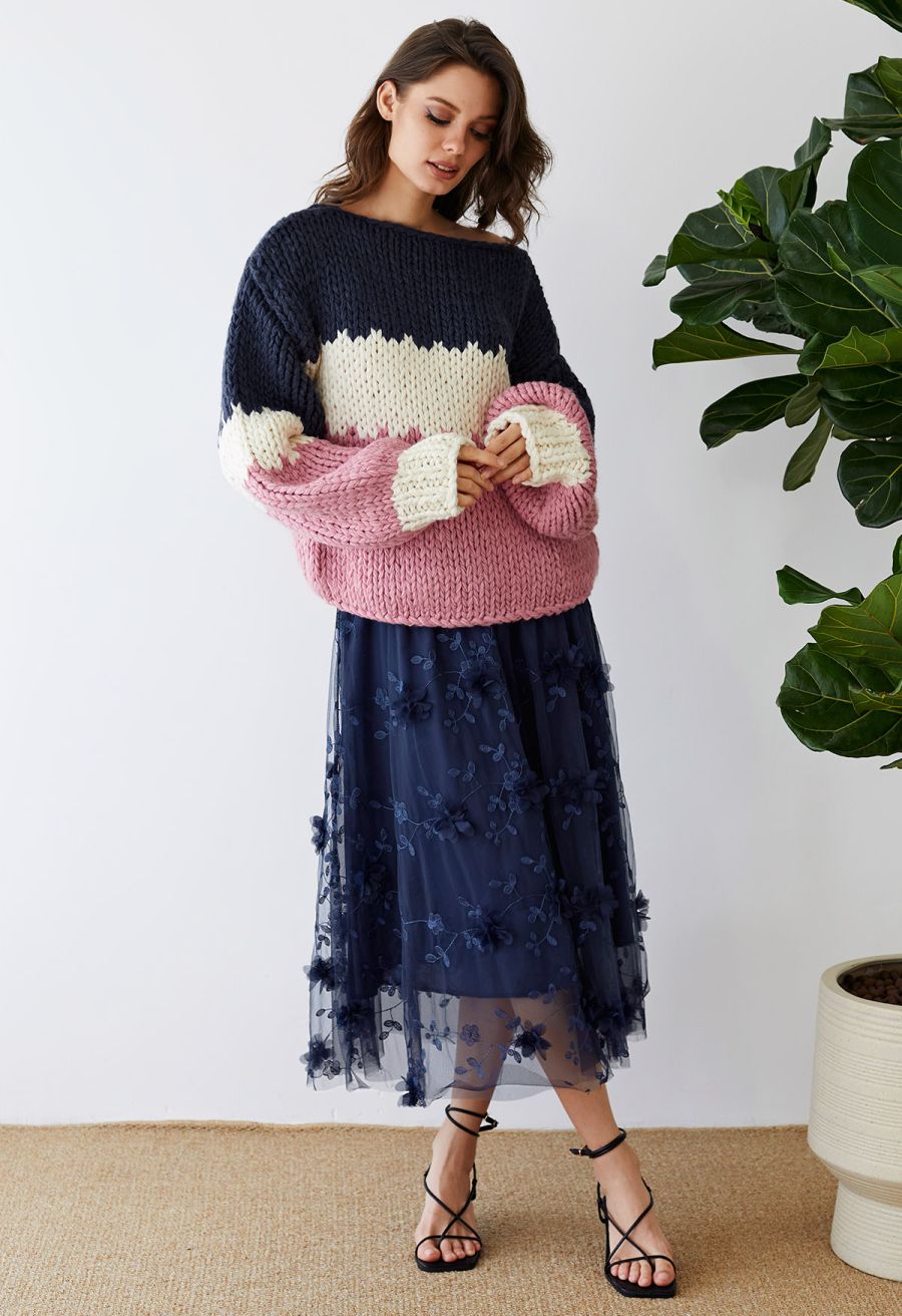 3D Mesh Flower Embroidered Tulle Midi Skirt in Navy
