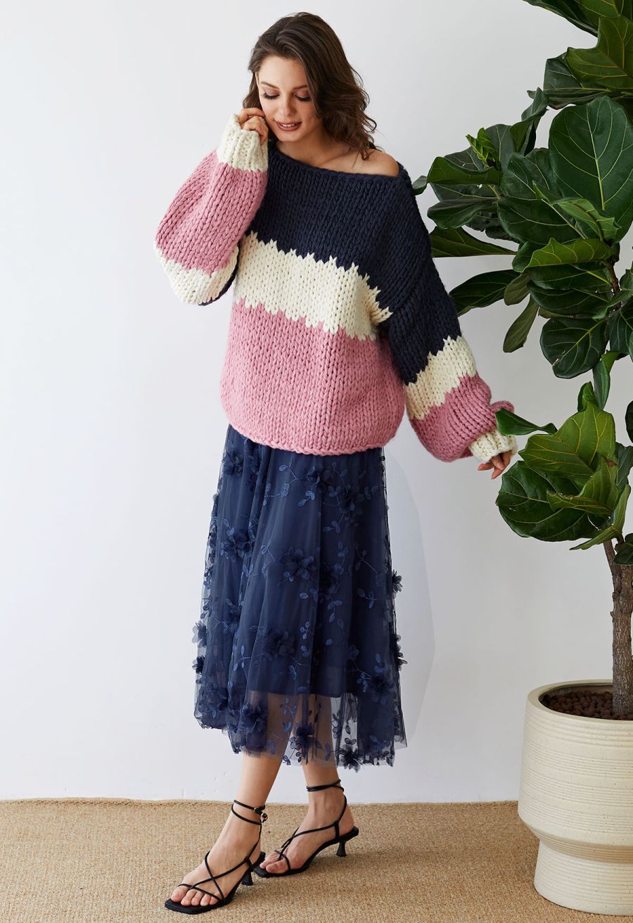 3D Mesh Flower Embroidered Tulle Midi Skirt in Navy