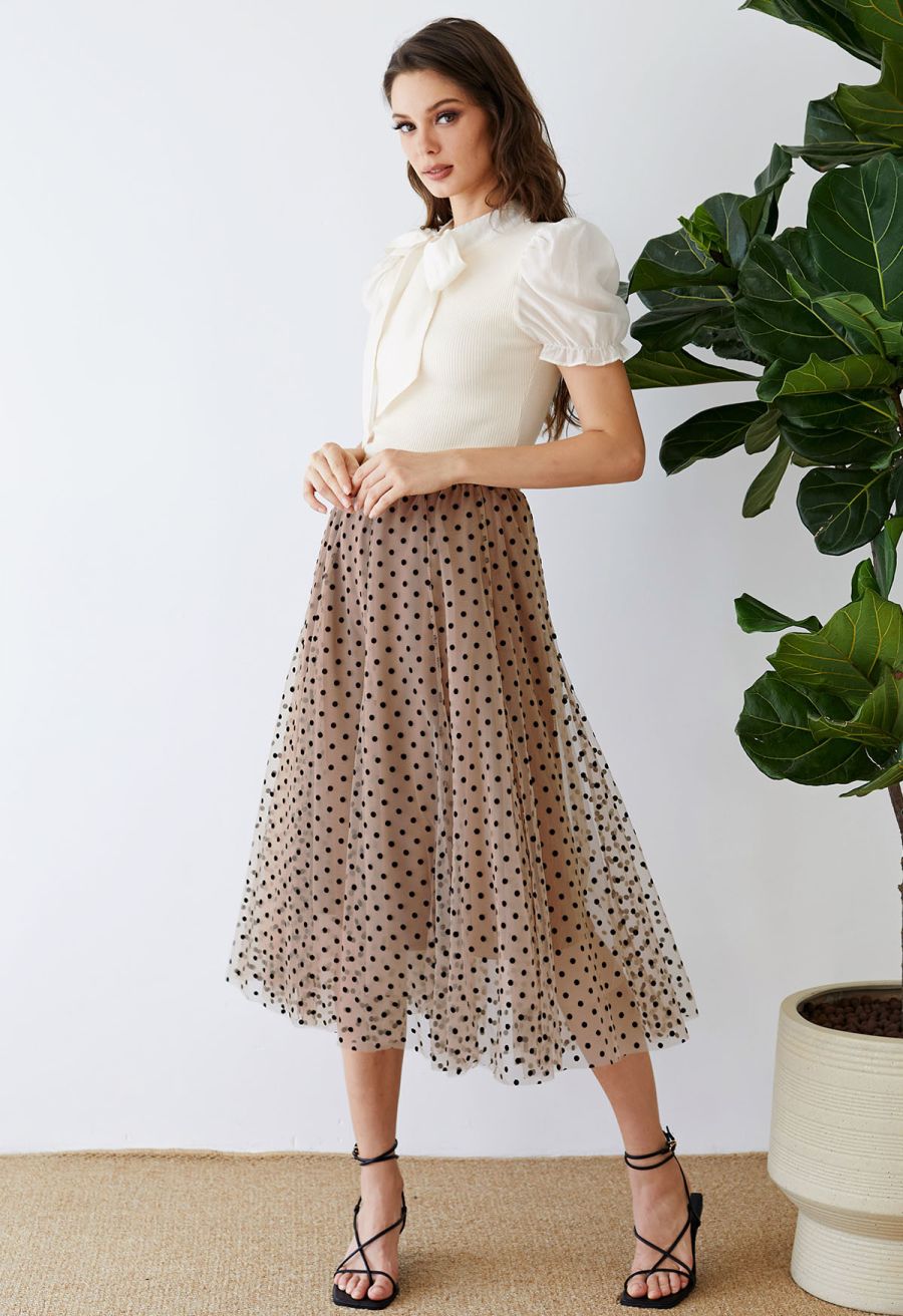 Short Sleeve Detachable Bowknot Spliced Knit Top in Cream