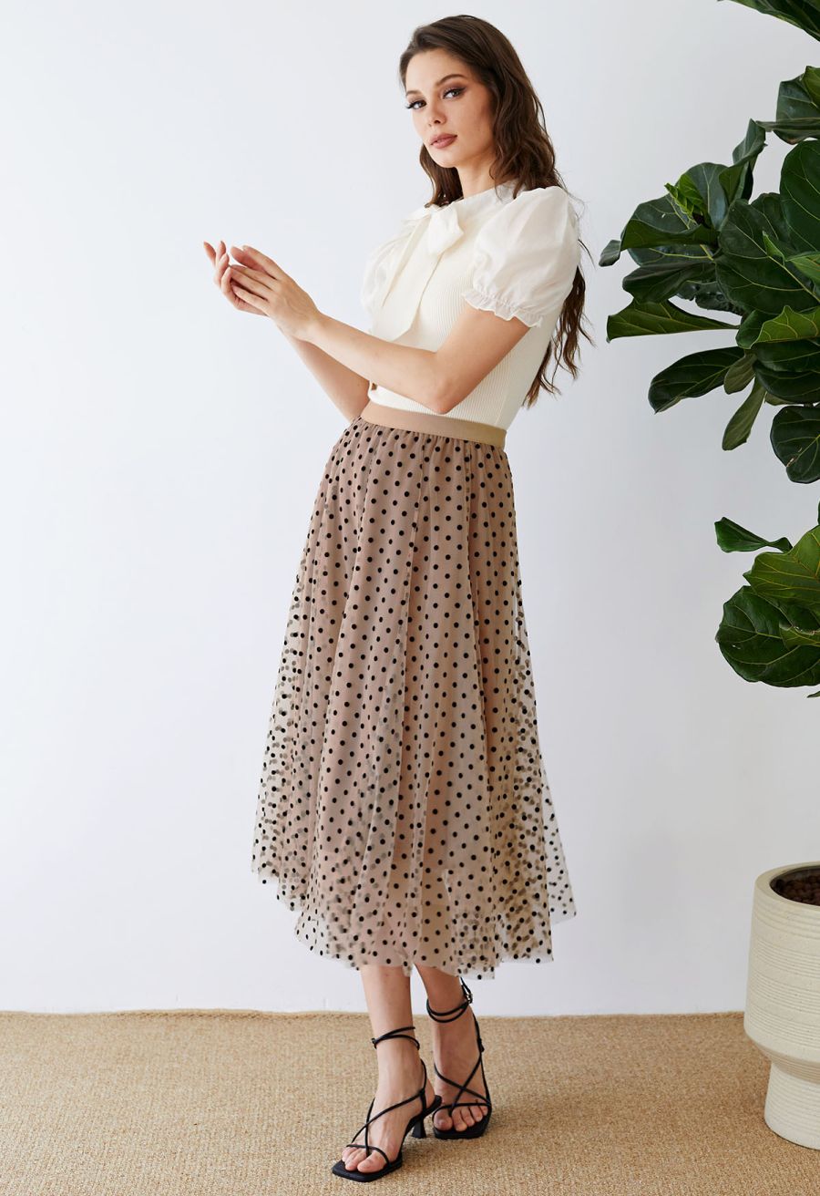 Short Sleeve Detachable Bowknot Spliced Knit Top in Cream