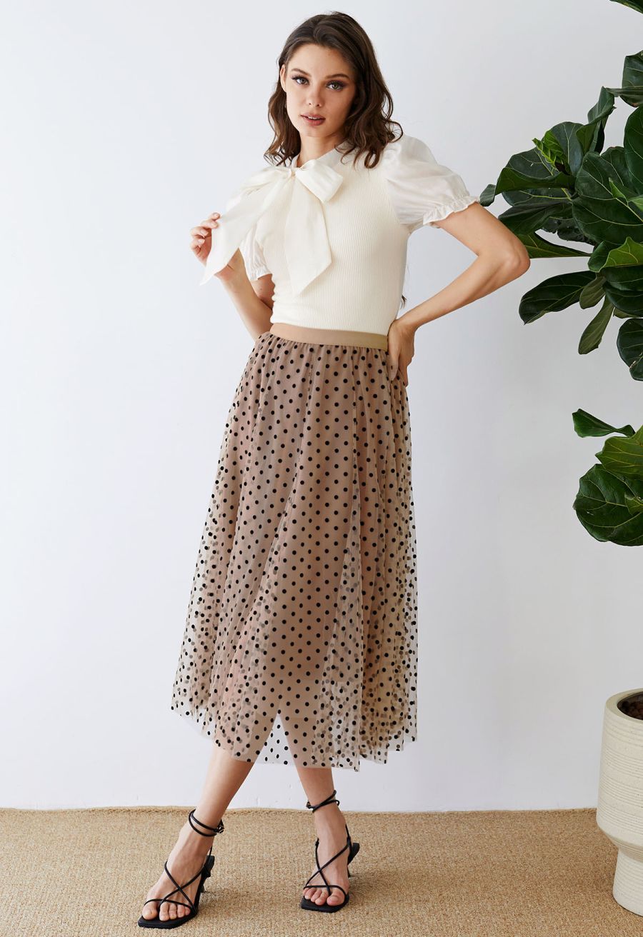 Short Sleeve Detachable Bowknot Spliced Knit Top in Cream