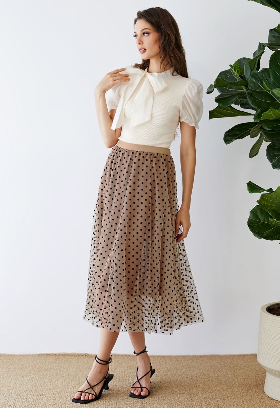 Full Polka Dots Double-Layered Mesh Tulle Skirt in Caramel