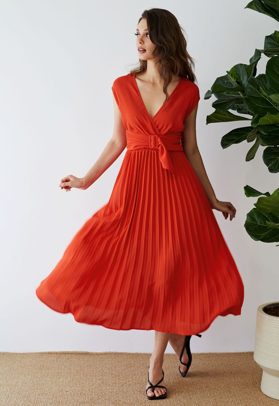 Sash Adorned Pleated Wrap Sleeveless Dress in Orange