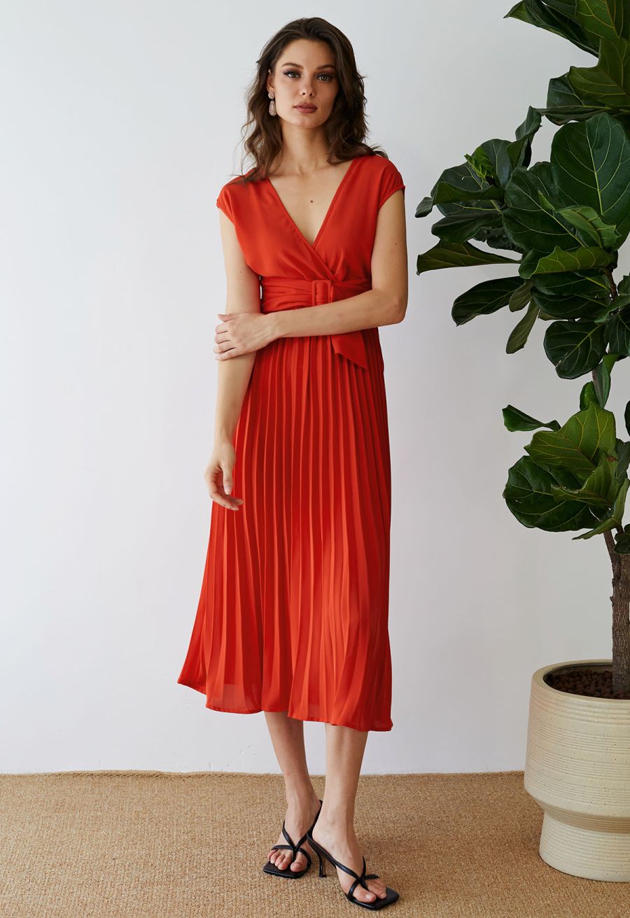 Sash Adorned Pleated Wrap Sleeveless Dress in Orange