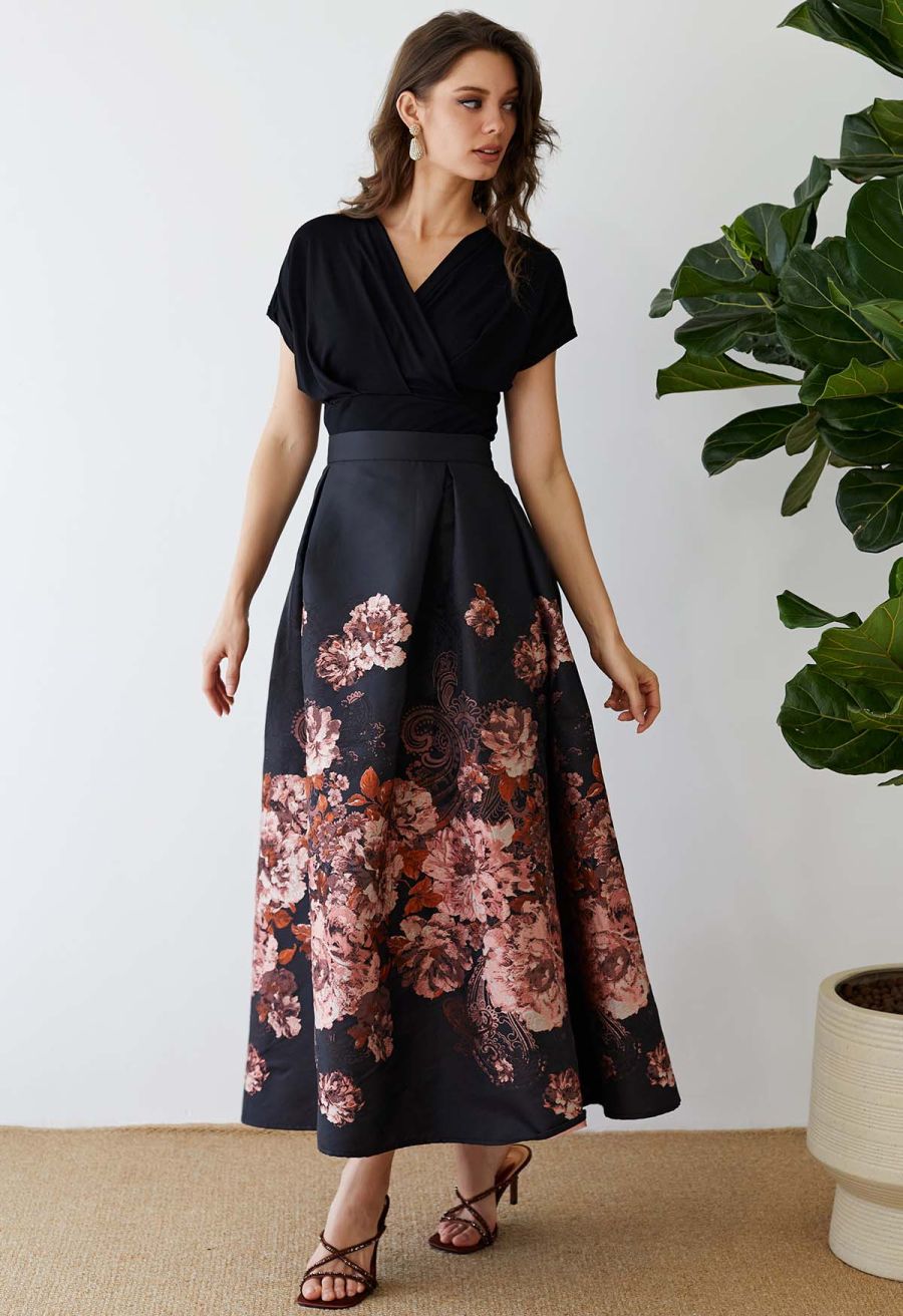 Bewitching Peony Jacquard Flare Skirt in Black