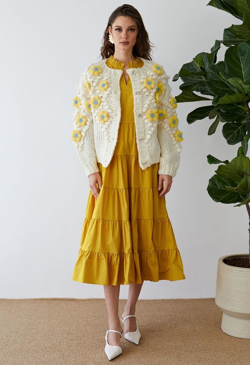 Yellow Stitch Flower Pom-Pom Knit Cardigan
