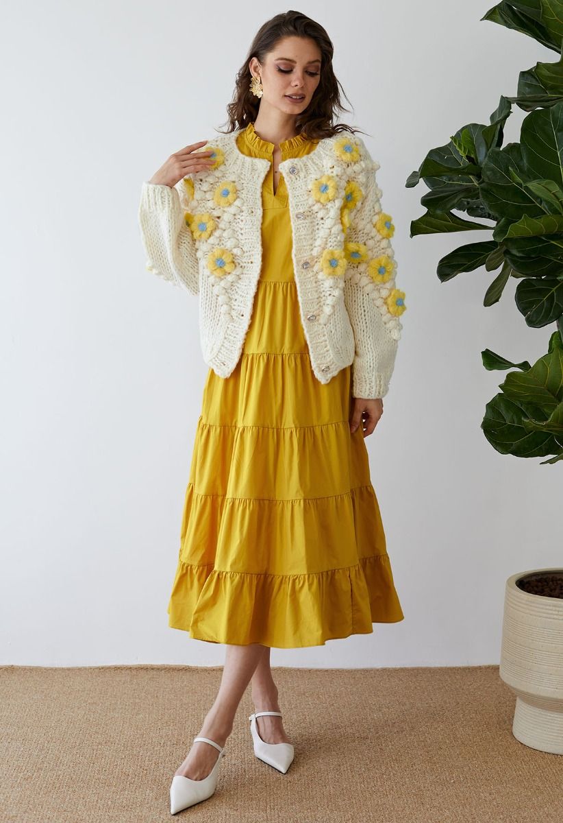 Yellow Stitch Flower Pom-Pom Knit Cardigan