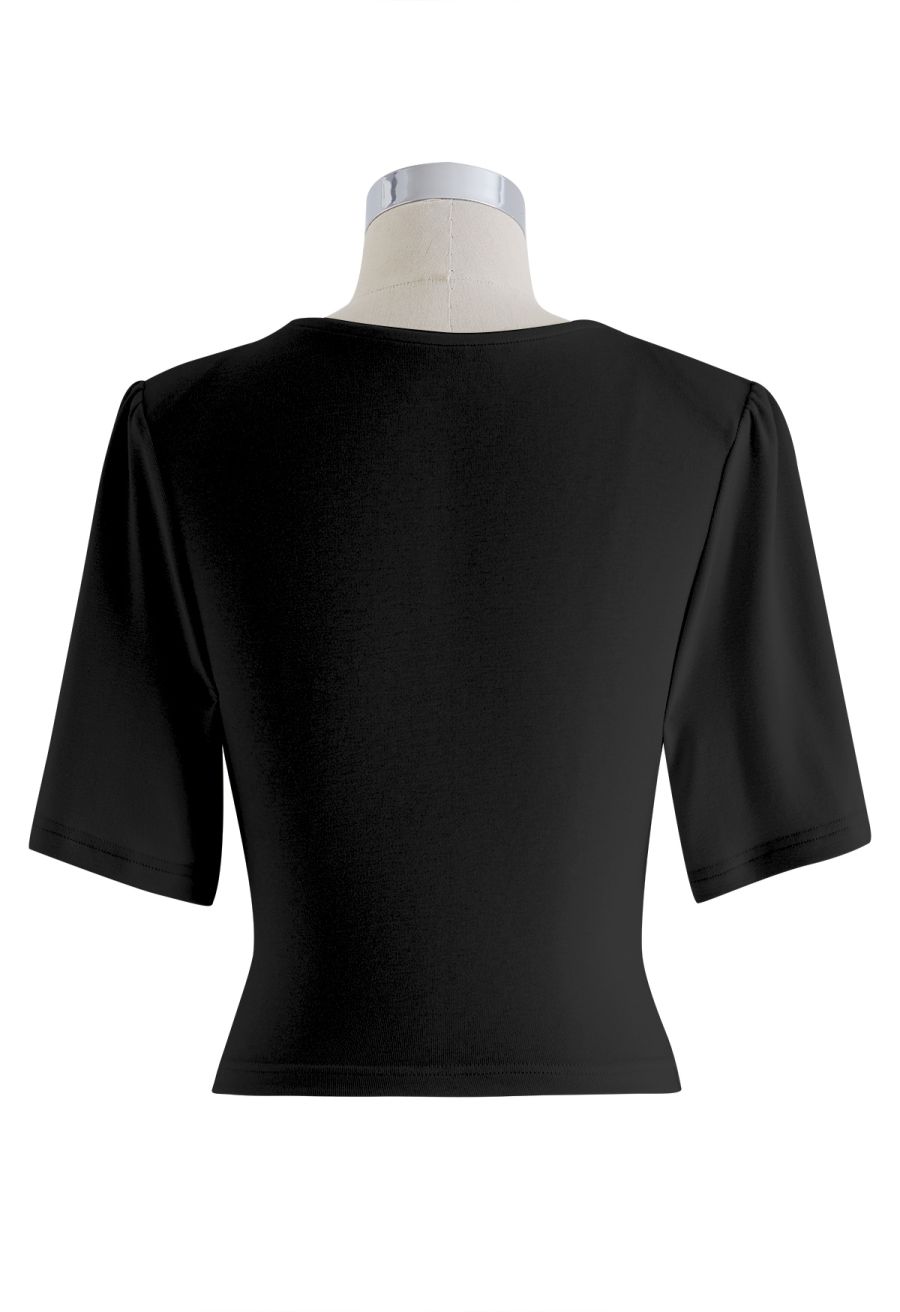 Ruched Waist Faux-Wrap Top in Black