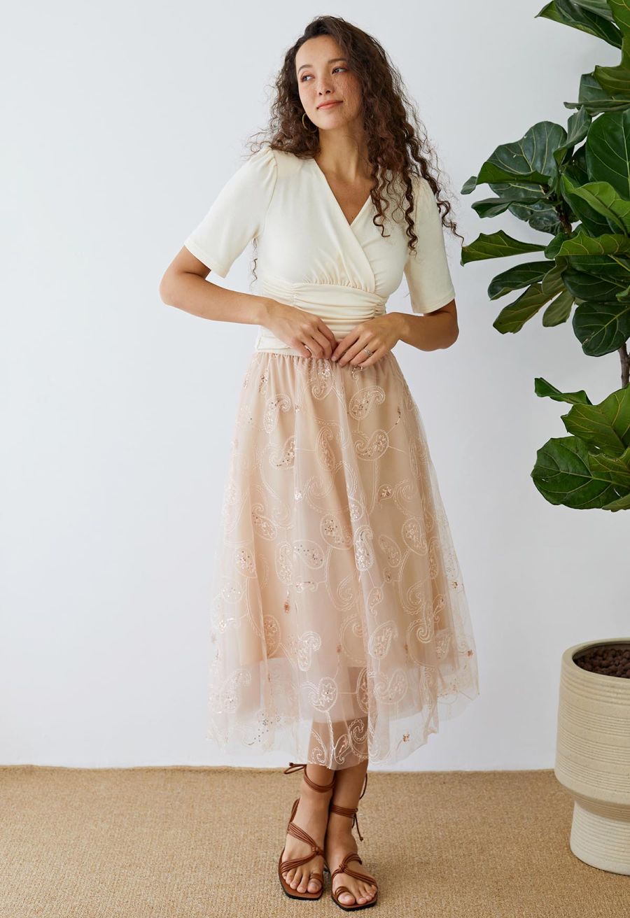 Sequined Embroidered Paisley Mesh Midi Skirt in Apricot