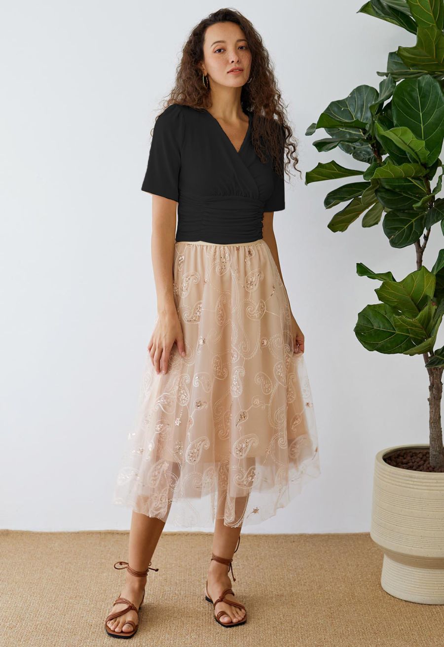 Ruched Waist Faux-Wrap Top in Black