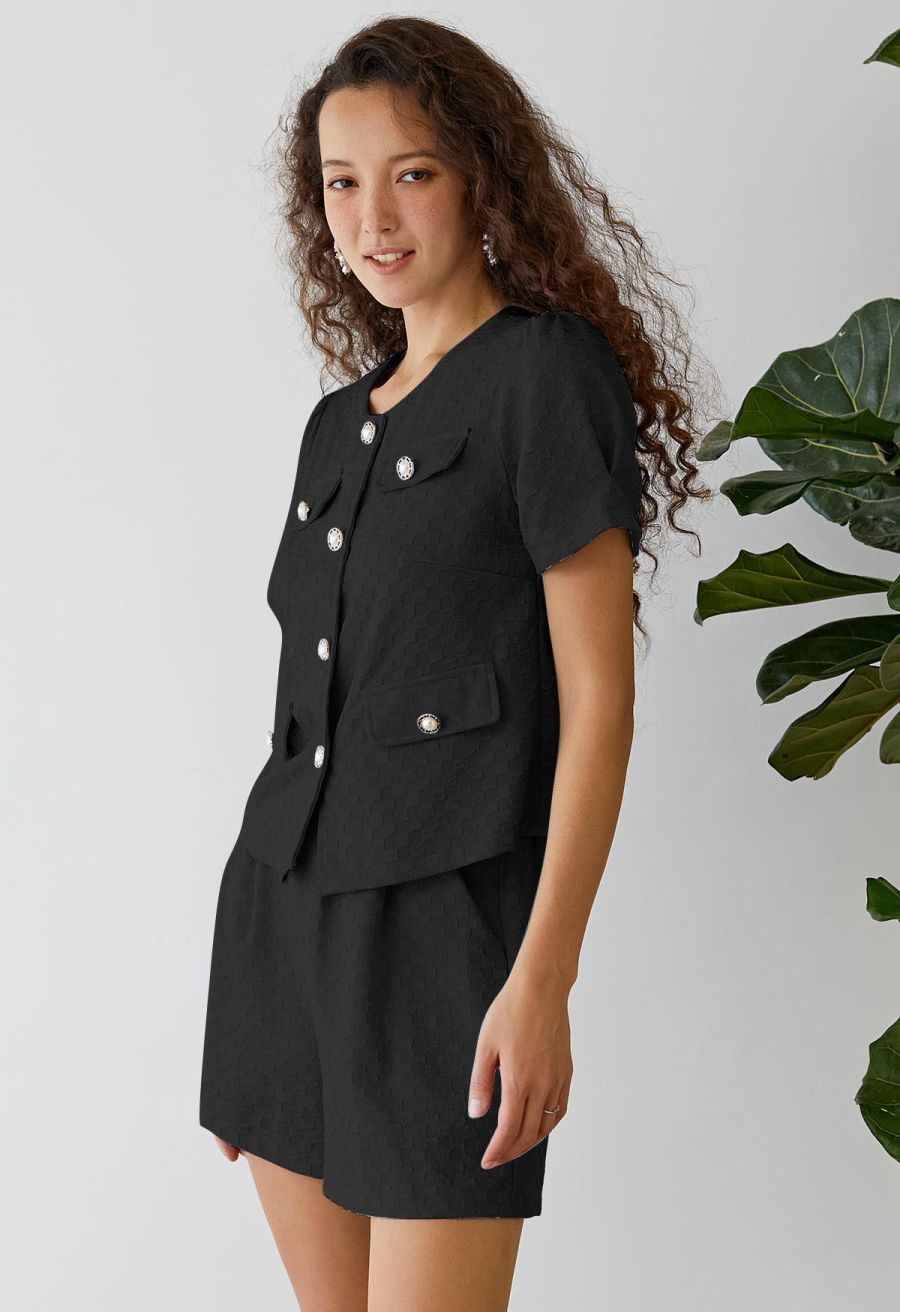 Fake Flap Pockets Button Down Top and Shorts Set in Black