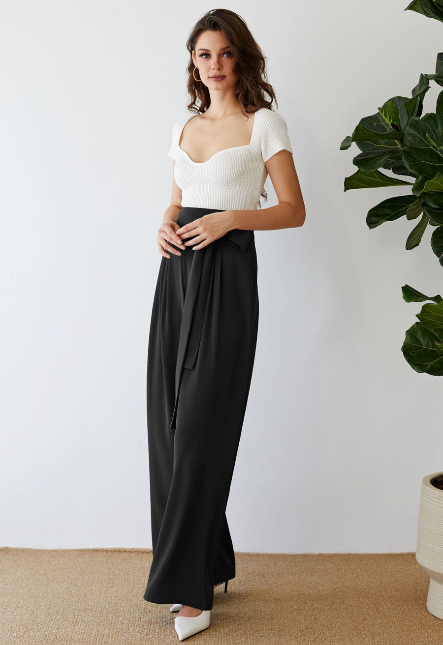 Bowknot High Waist Wide-Leg Pants in Black