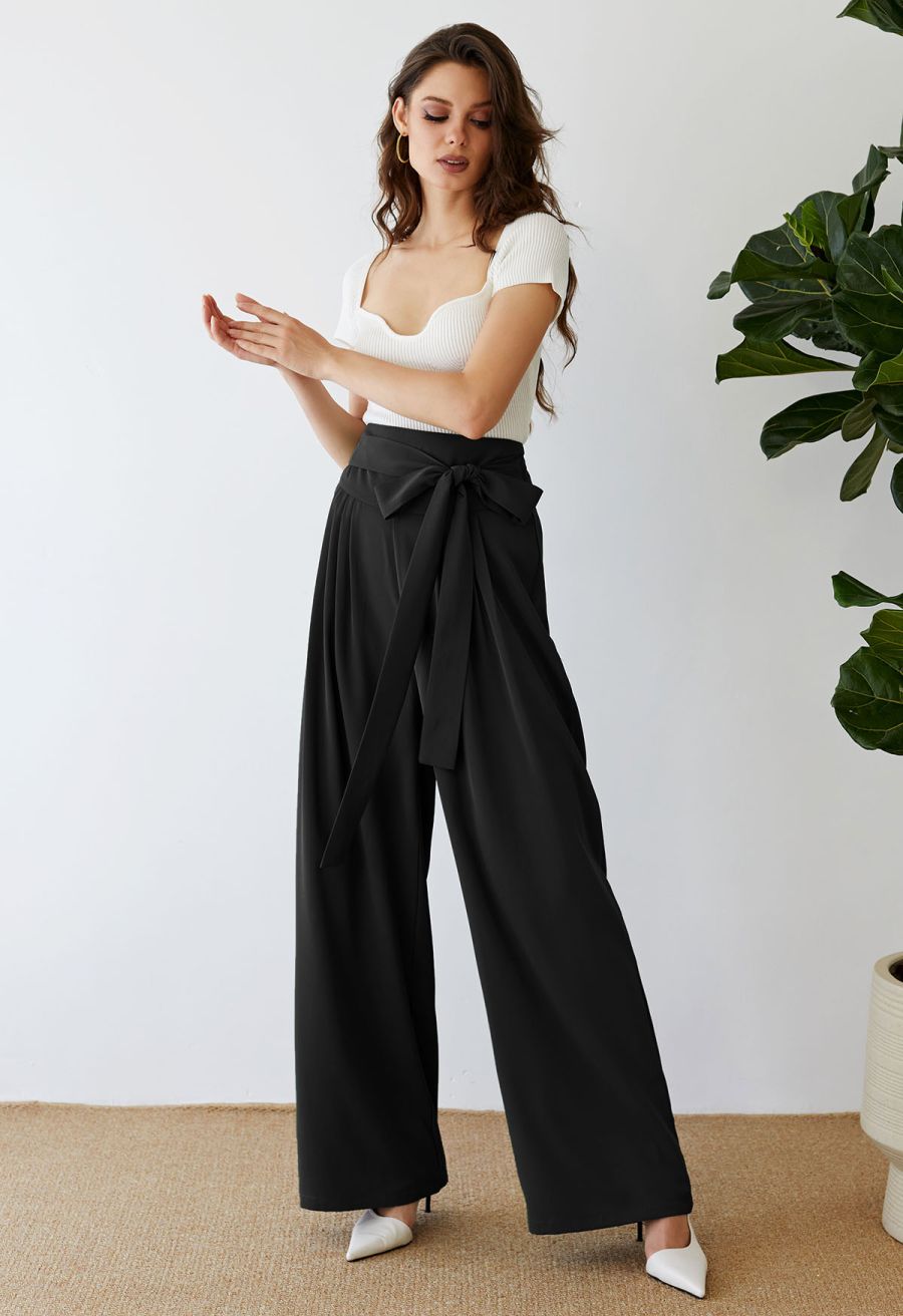 Bowknot High Waist Wide-Leg Pants in Black