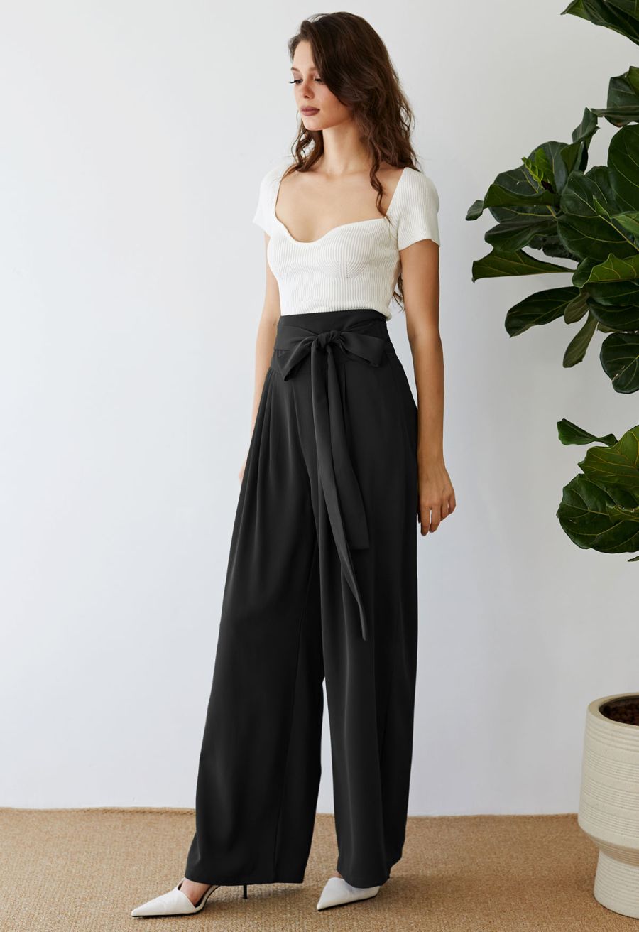 Bowknot High Waist Wide-Leg Pants in Black