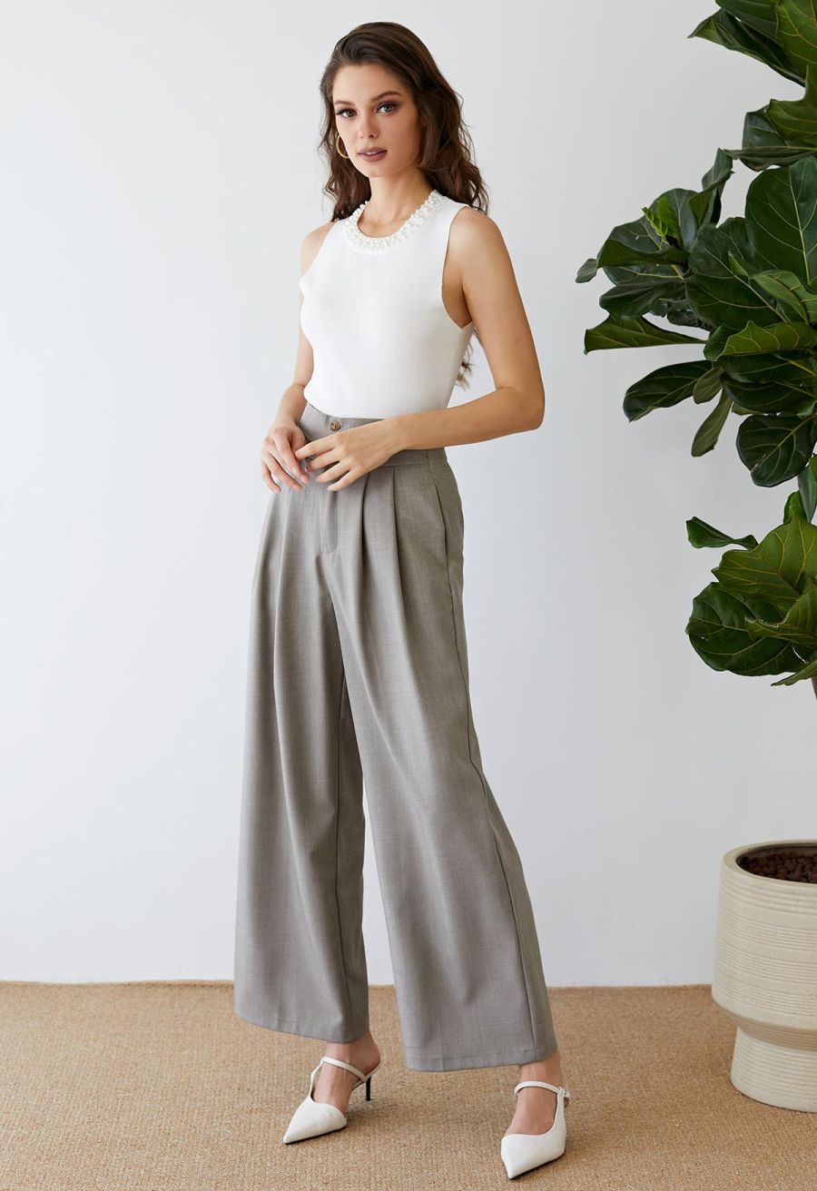 Pearly Neckline Knit Tank Top in White