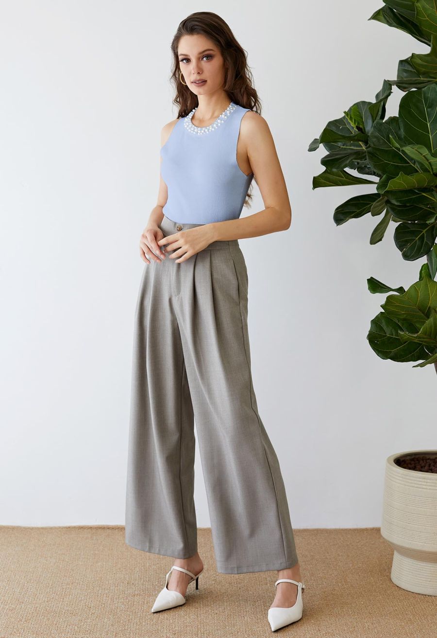 Pearly Neckline Knit Tank Top in Blue