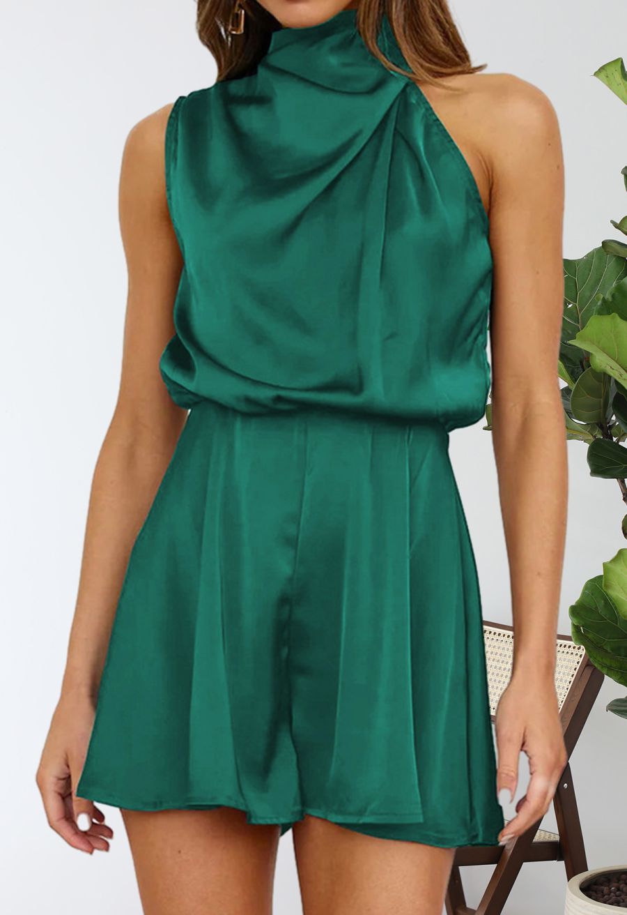 Satin Asymmetric Ruched Neckline Sleeveless Playsuit in Dark Green