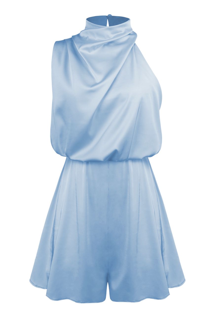 Satin Asymmetric Ruched Neckline Sleeveless Playsuit in Blue