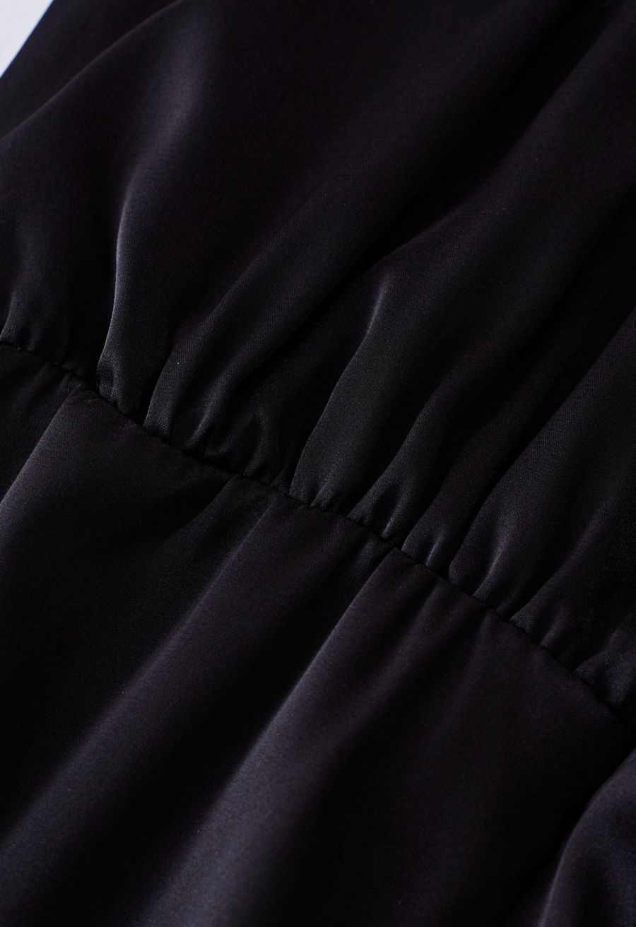 Satin Asymmetric Ruched Neckline Sleeveless Playsuit in Black