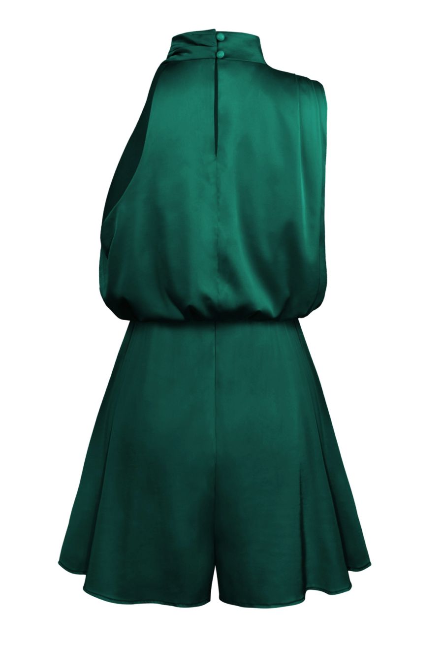 Satin Asymmetric Ruched Neckline Sleeveless Playsuit in Dark Green