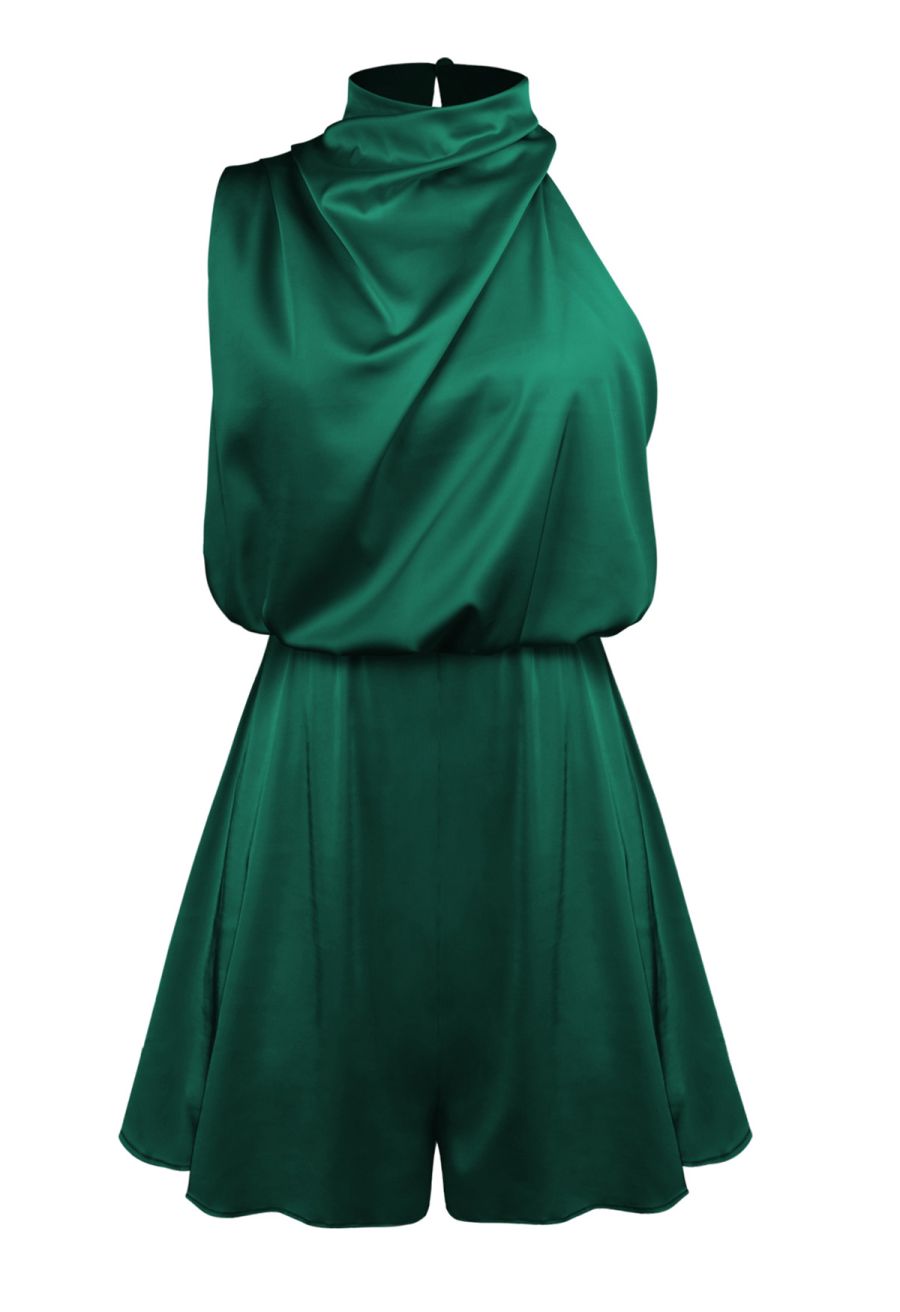 Satin Asymmetric Ruched Neckline Sleeveless Playsuit in Dark Green