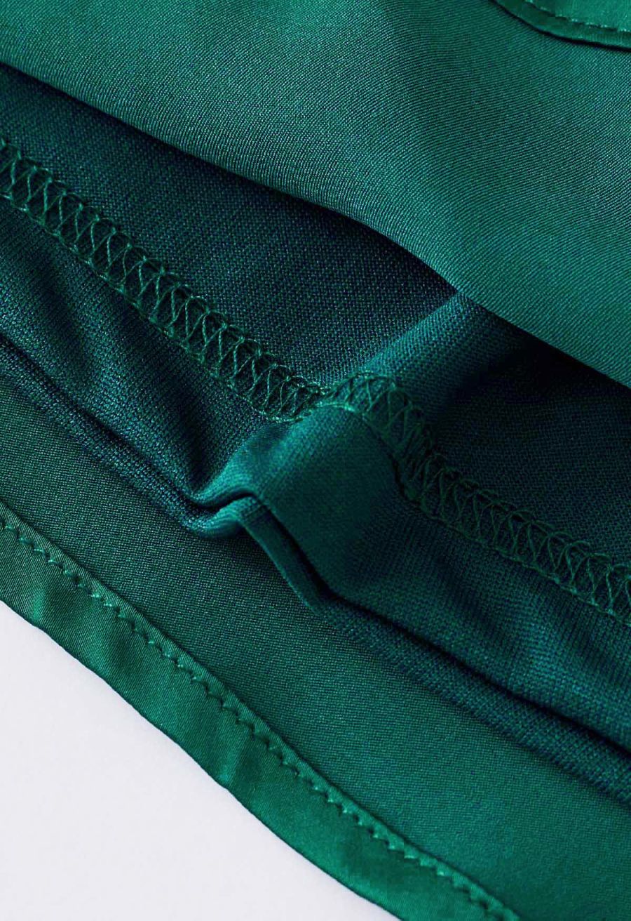 Satin Asymmetric Ruched Neckline Sleeveless Playsuit in Dark Green