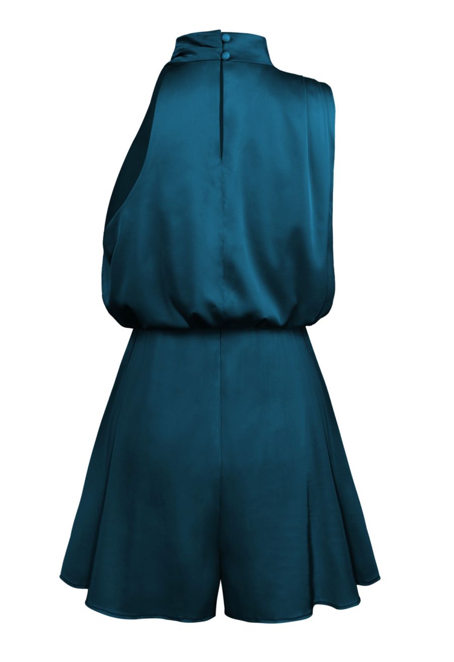 Satin Asymmetric Ruched Neckline Sleeveless Playsuit in Teal