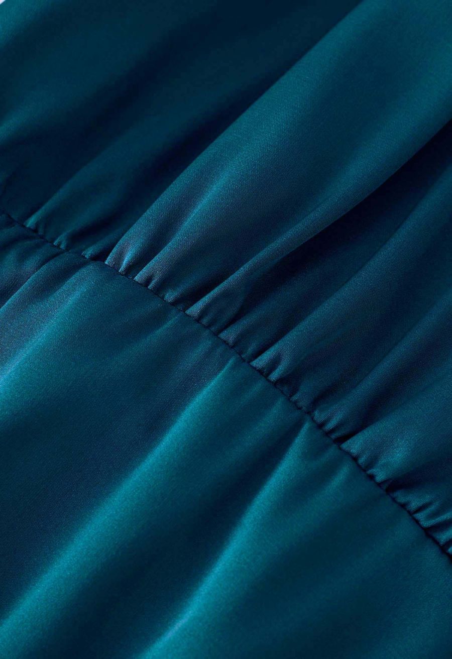 Satin Asymmetric Ruched Neckline Sleeveless Playsuit in Teal