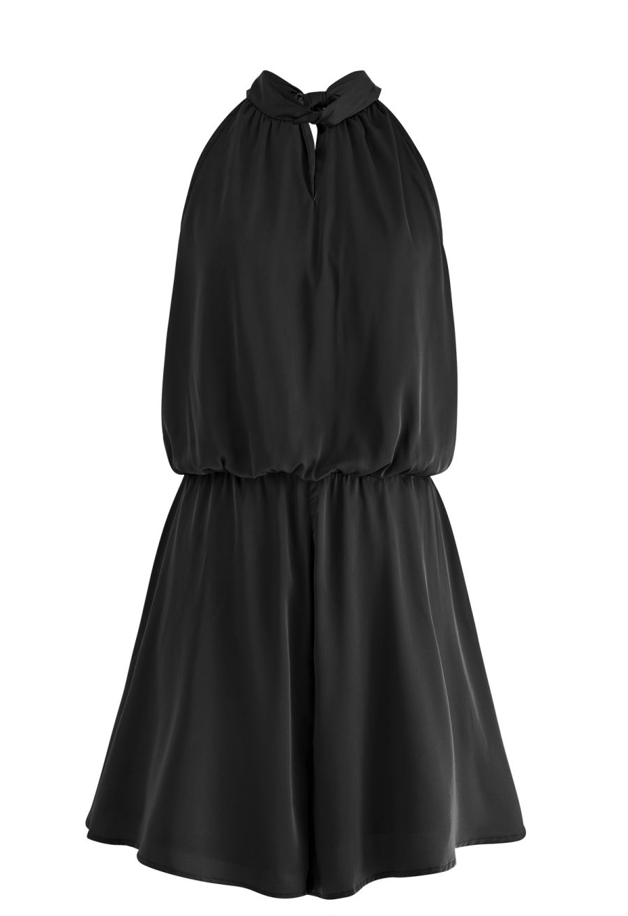 Halter Neck Cutout Satin Playsuit in Black