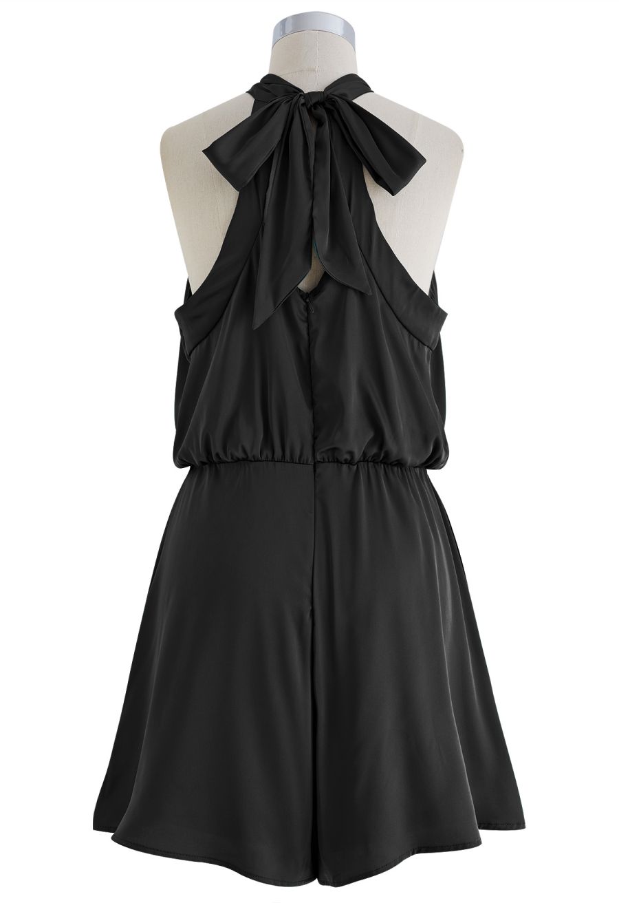 Halter Neck Cutout Satin Playsuit in Black