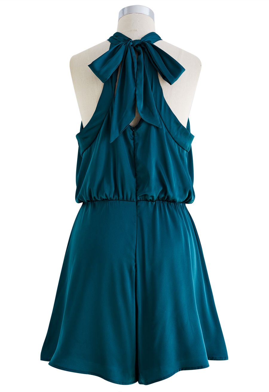 Halter Neck Cutout Satin Playsuit in Teal
