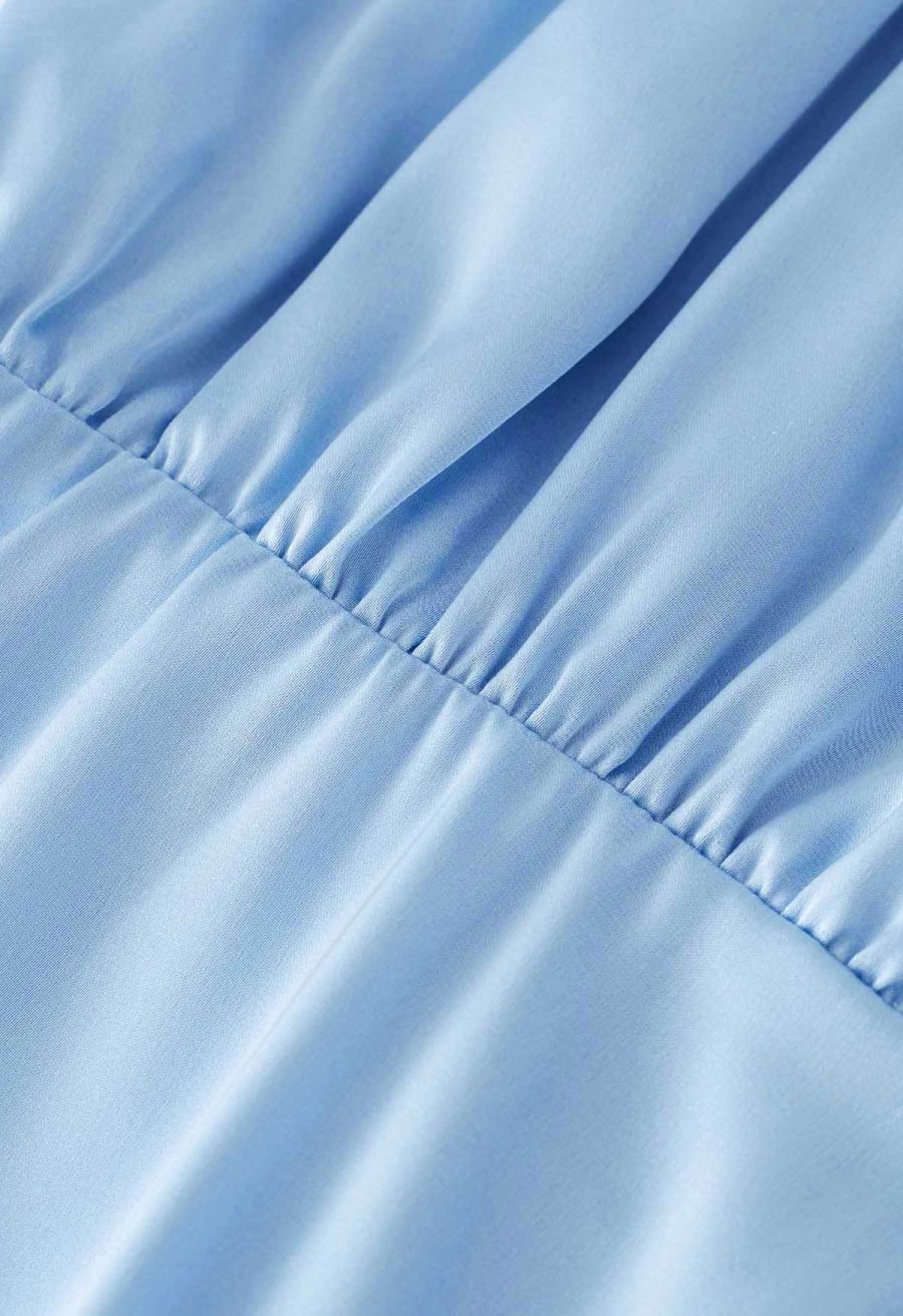 Satin Asymmetric Ruched Neckline Sleeveless Playsuit in Blue