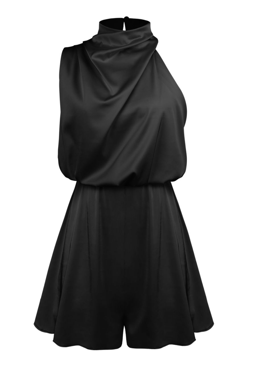 Satin Asymmetric Ruched Neckline Sleeveless Playsuit in Black