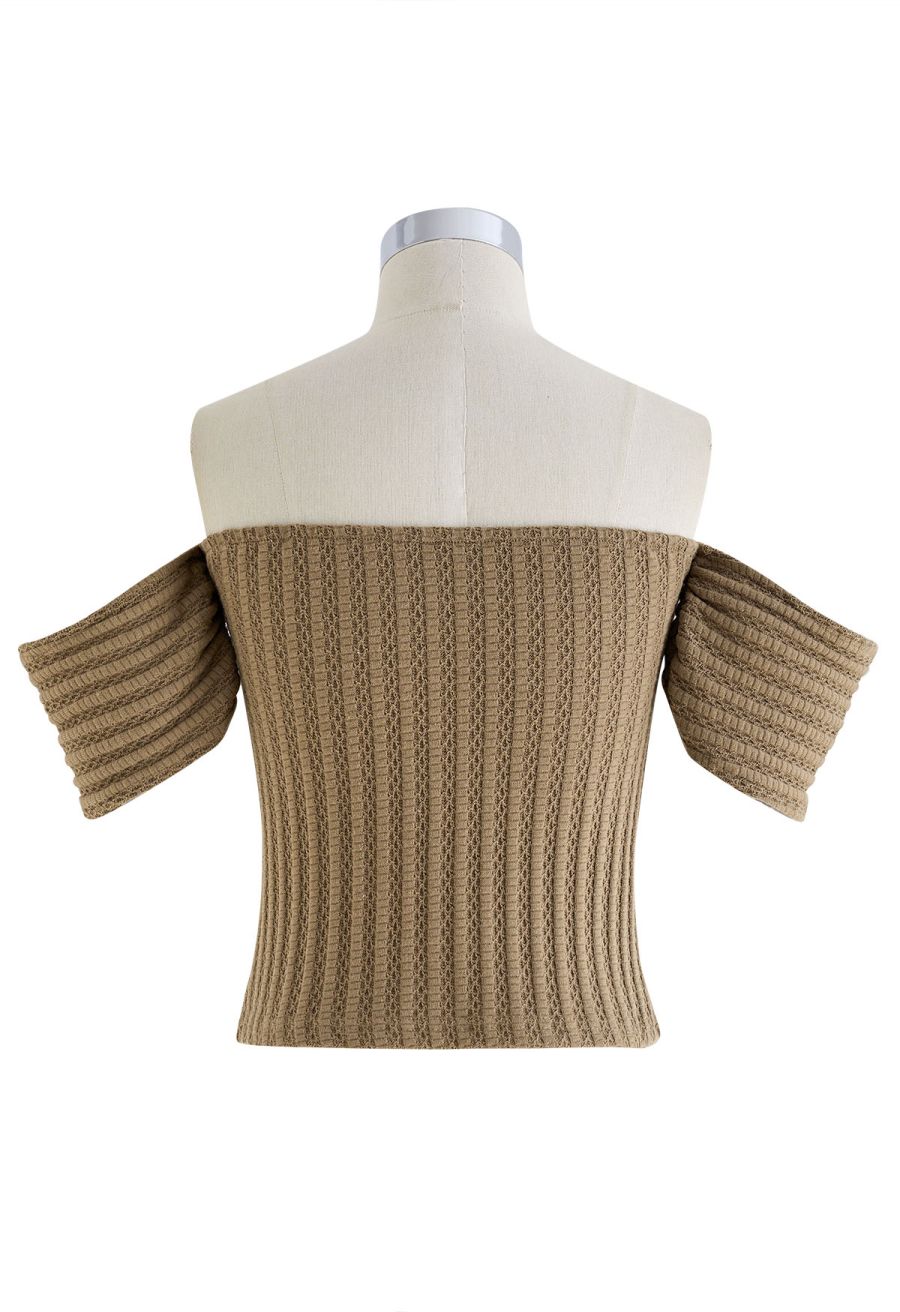 Front Knot Off-Shoulder Crop Top in Tan