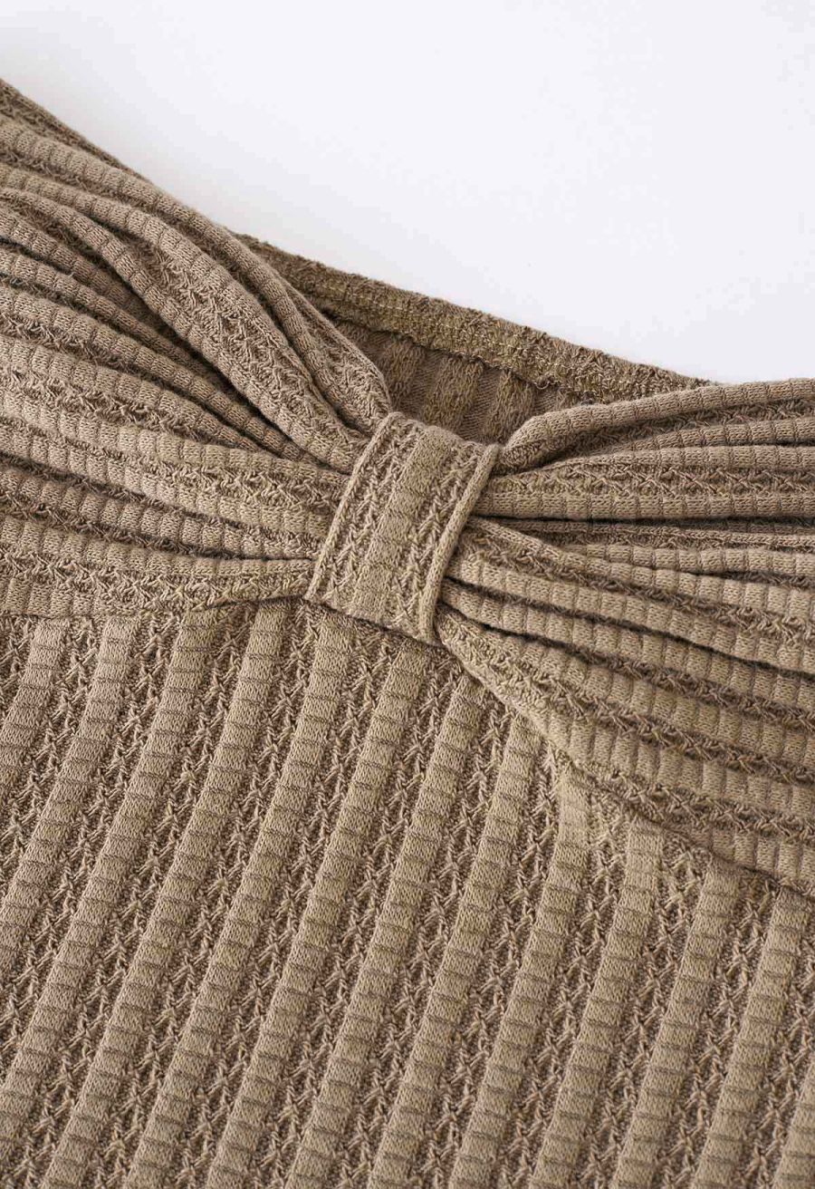 Front Knot Off-Shoulder Crop Top in Tan