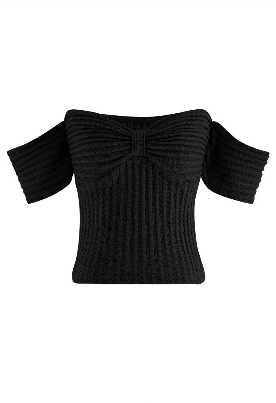 Front Knot Off-Shoulder Crop Top in Black