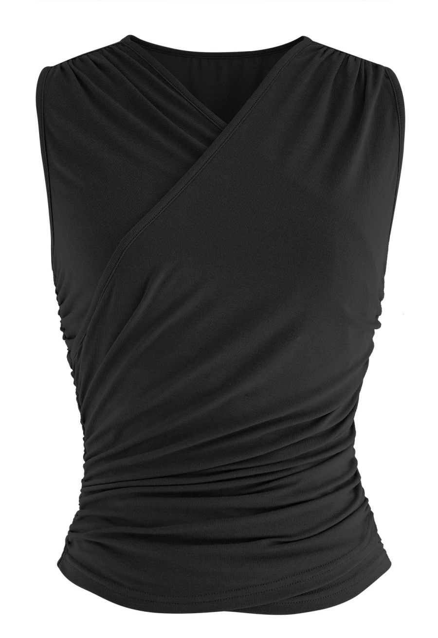 Faux-Wrap Ruched Sleeveless Top in Black