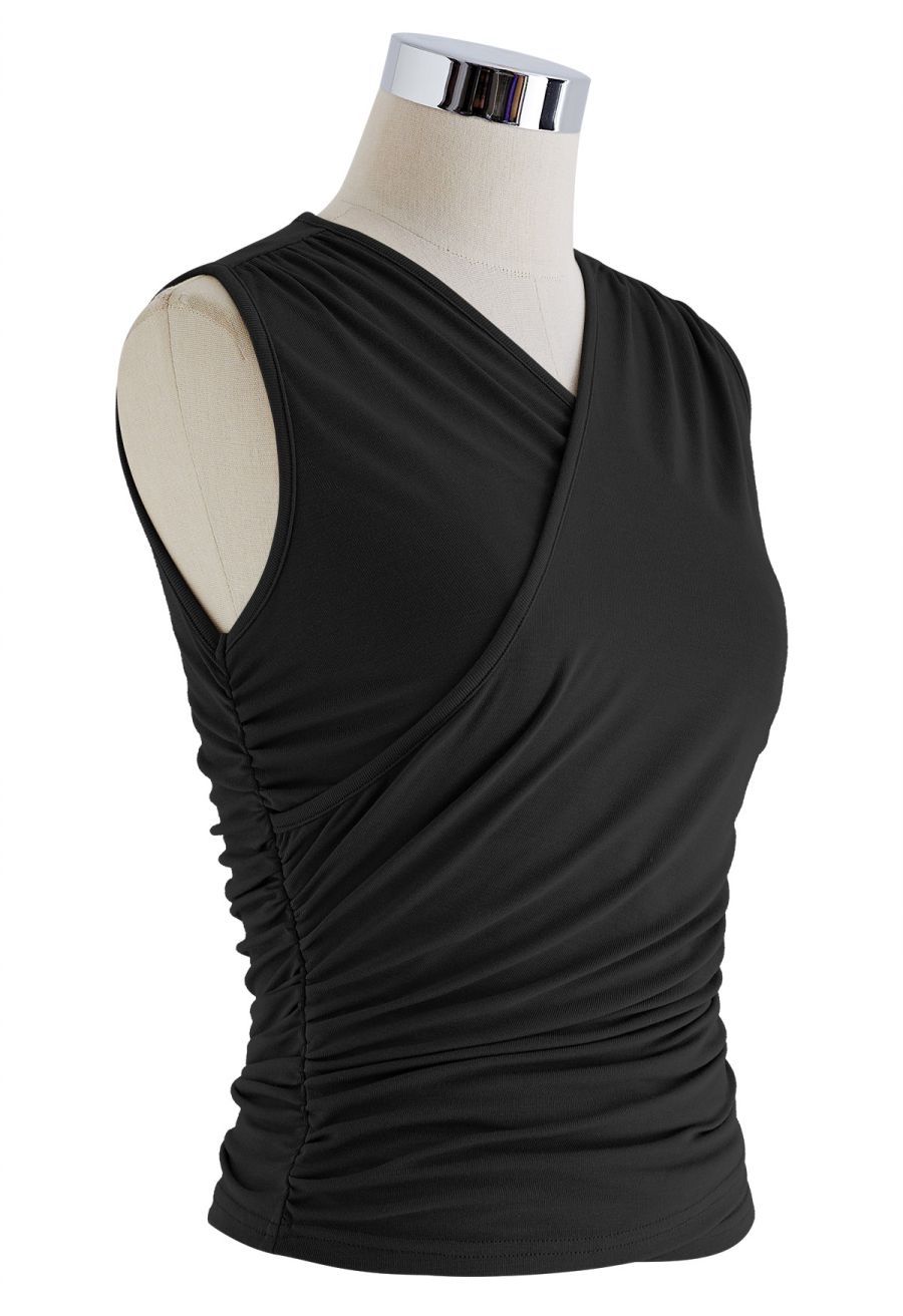 Faux-Wrap Ruched Sleeveless Top in Black