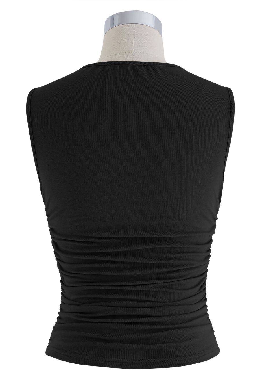 Faux-Wrap Ruched Sleeveless Top in Black
