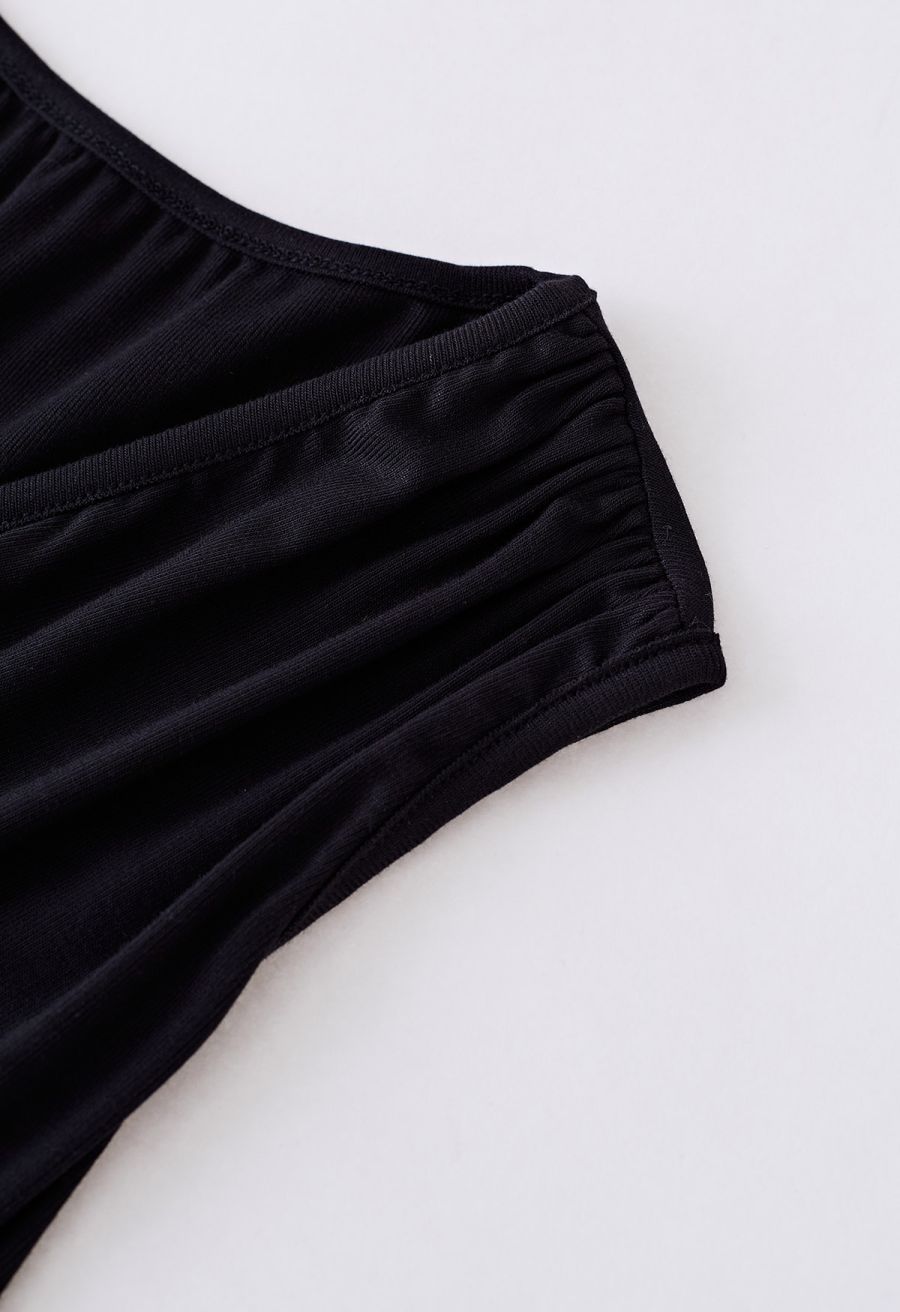 Faux-Wrap Ruched Sleeveless Top in Black