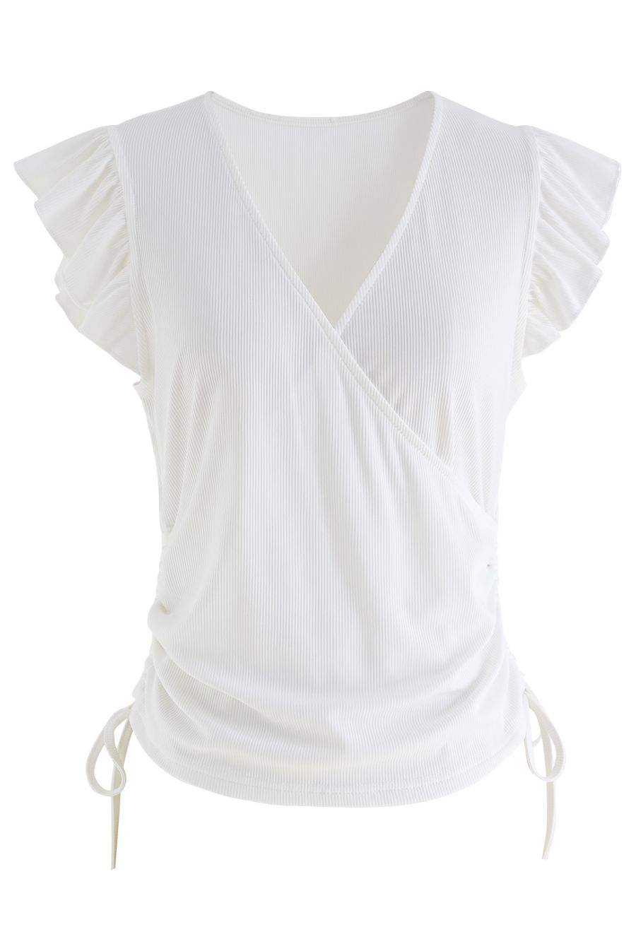 Drawstring Faux-Wrap Ruffle Sleeveless Top in White