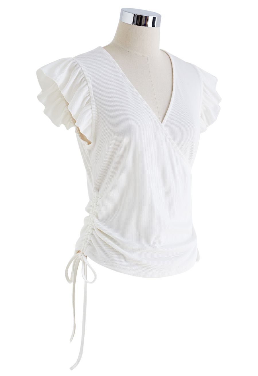Drawstring Faux-Wrap Ruffle Sleeveless Top in White