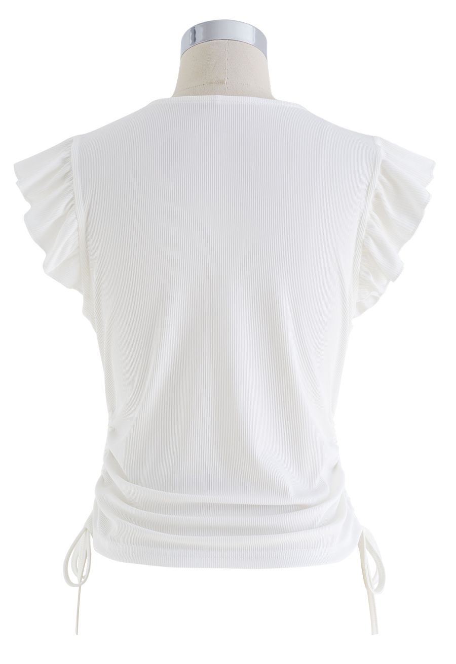 Drawstring Faux-Wrap Ruffle Sleeveless Top in White