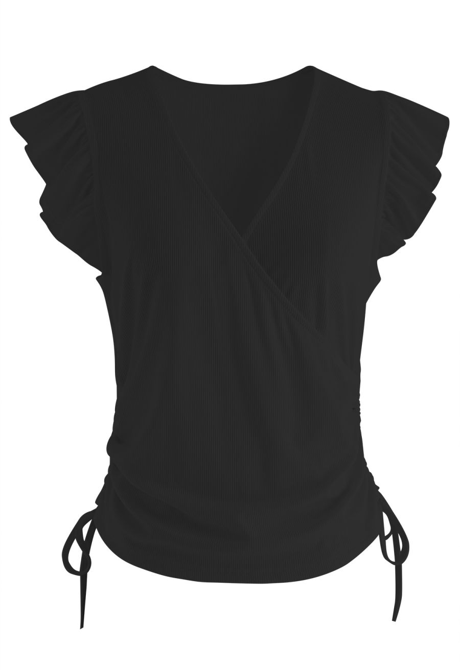 Drawstring Faux-Wrap Ruffle Sleeveless Top in Black