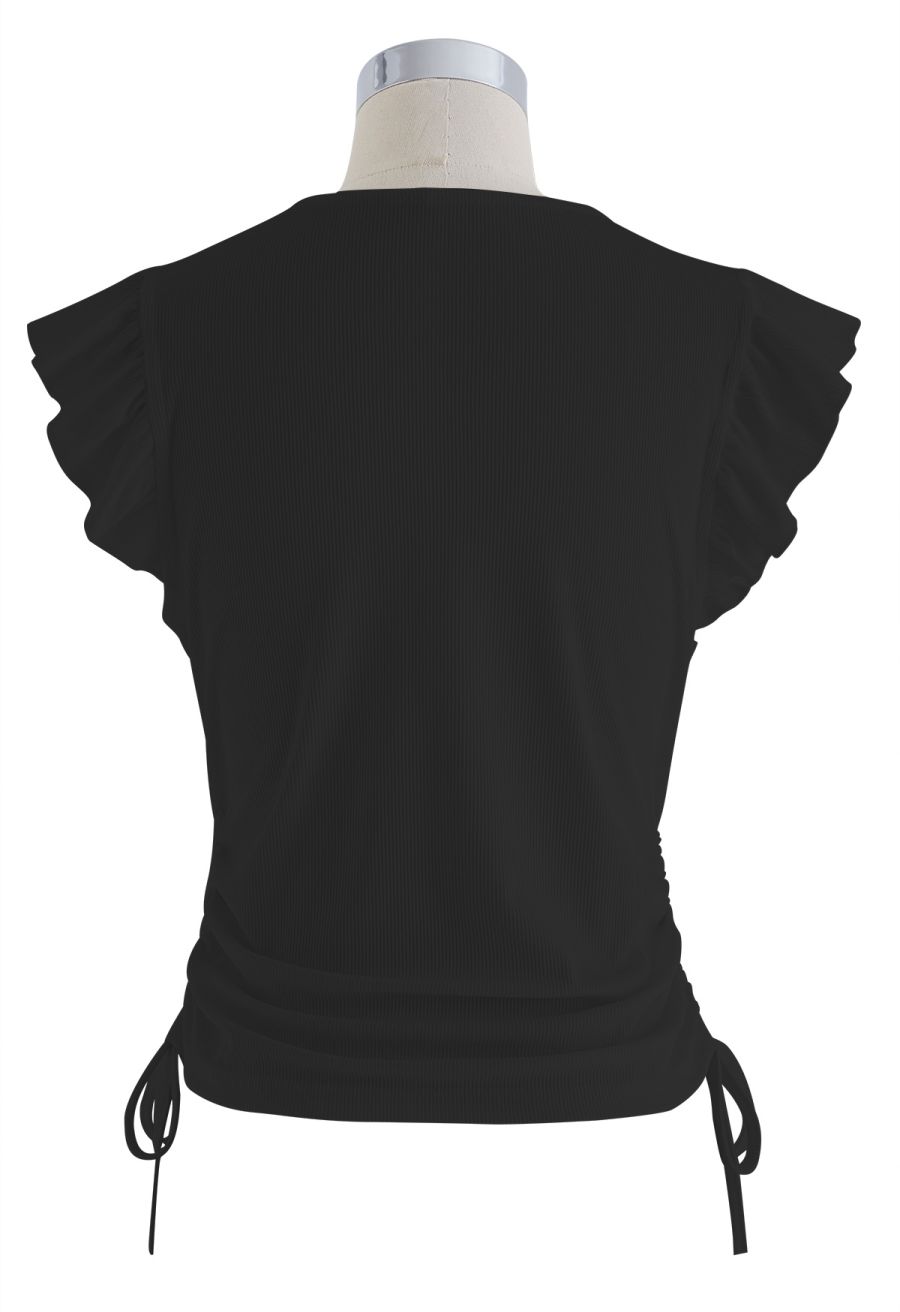 Drawstring Faux-Wrap Ruffle Sleeveless Top in Black