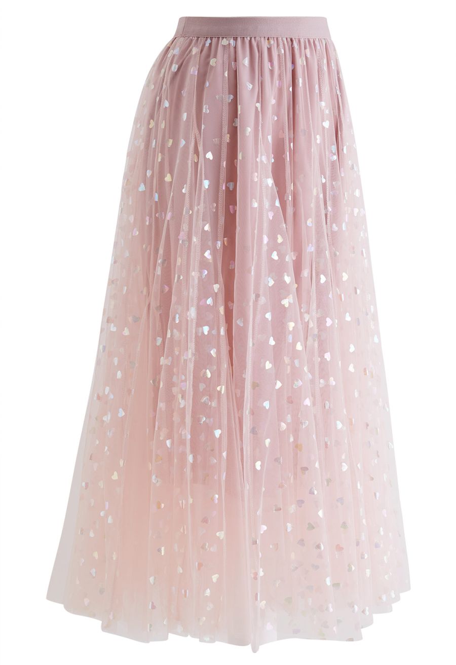 Iridescent Hearts Mesh Tulle Midi Skirt in Pink