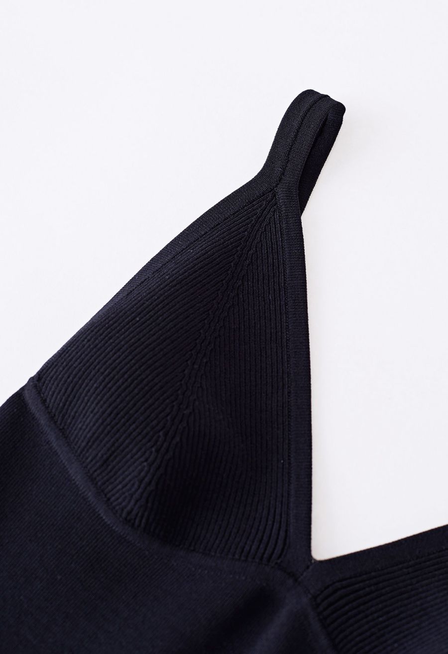 V-Neck Rib Cami Crop Top in Black